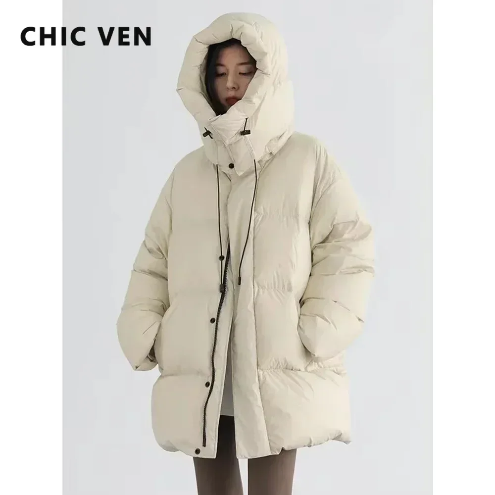 CHIC VEN корейские женские пуховые пальто со свободным воротником-стойкой и капюшоном средней длины 90 белая куртка на утином пуху женское пальто зимнее женское 2025