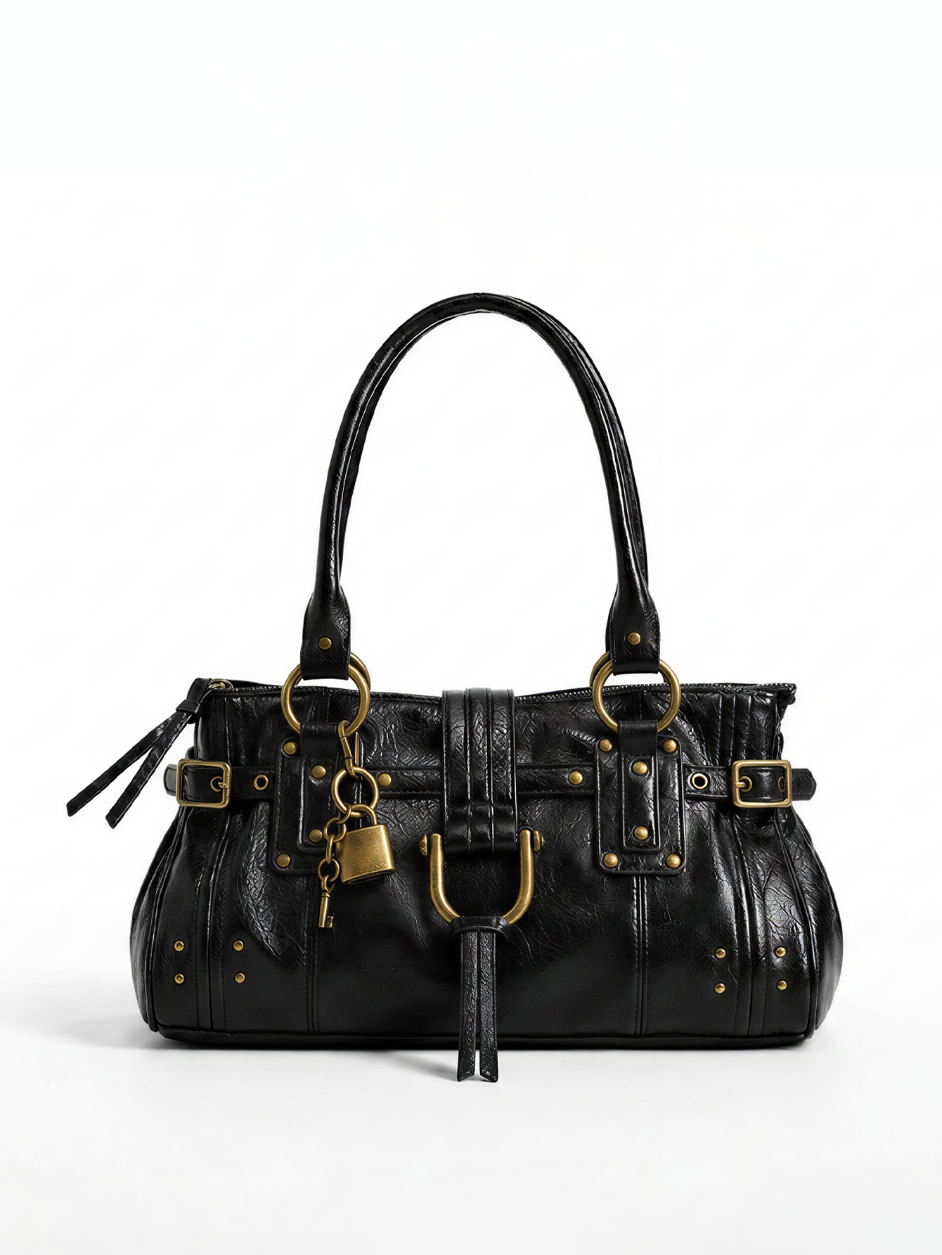 Women's single-shoulder bag, retro lock strap, underarm tote bag, women's riveted buckle spliced single-shoulder bag design hand