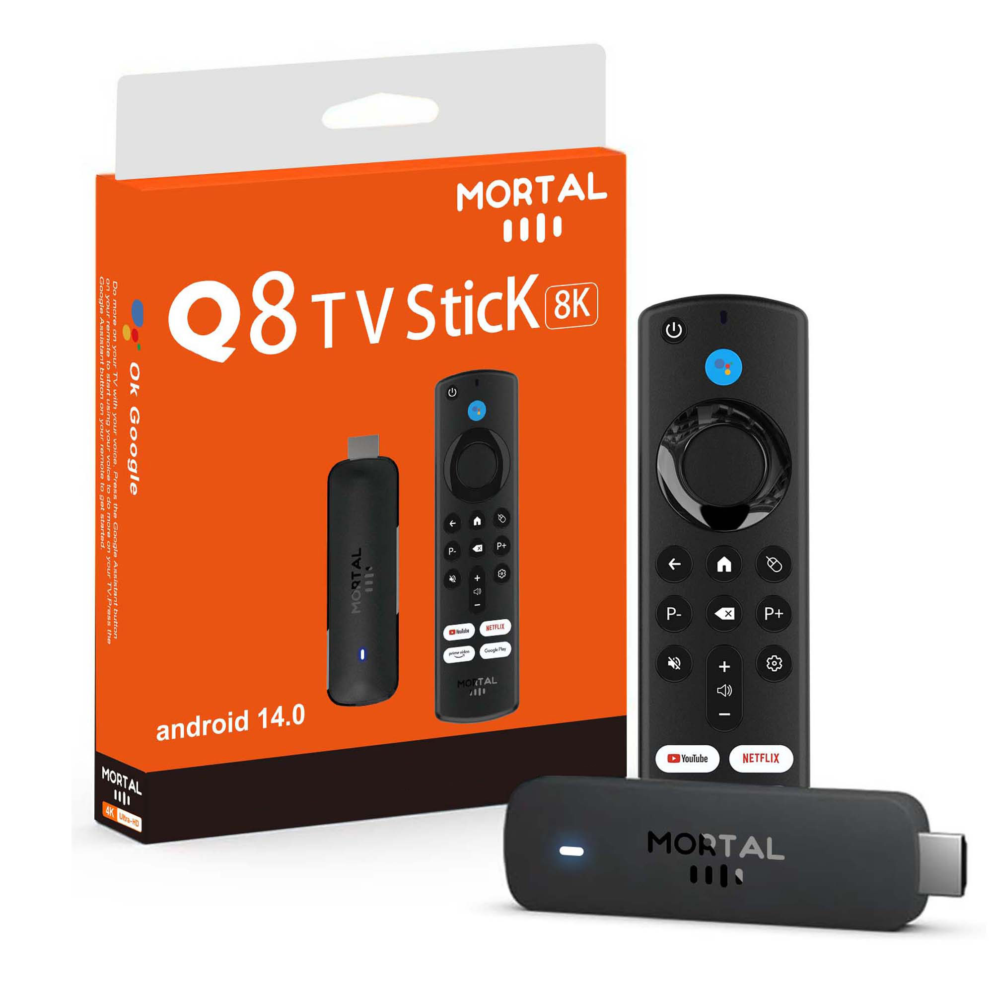Mortal Android14 TV stick WIFI6 Controle de Voz TV stick Q8 8K vídeo Allwinner H313 Netflix YouTube TV box Free Live TV Streaming