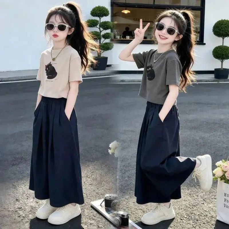 2026 Summer Girls 2 Piece Set Cat Printed Print Outfit Black Short Sleeve T-shirt & Wide-leg pants Kids Casual Streetwear Set