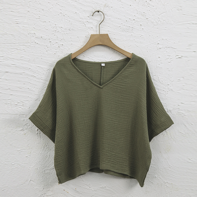 Muslin 100% Cotton Short Sleeve Tee Sexy V-Neck Oversized T-Shirt Streetwear Top Shirts And Blouse Lady Pulovers Camisetas