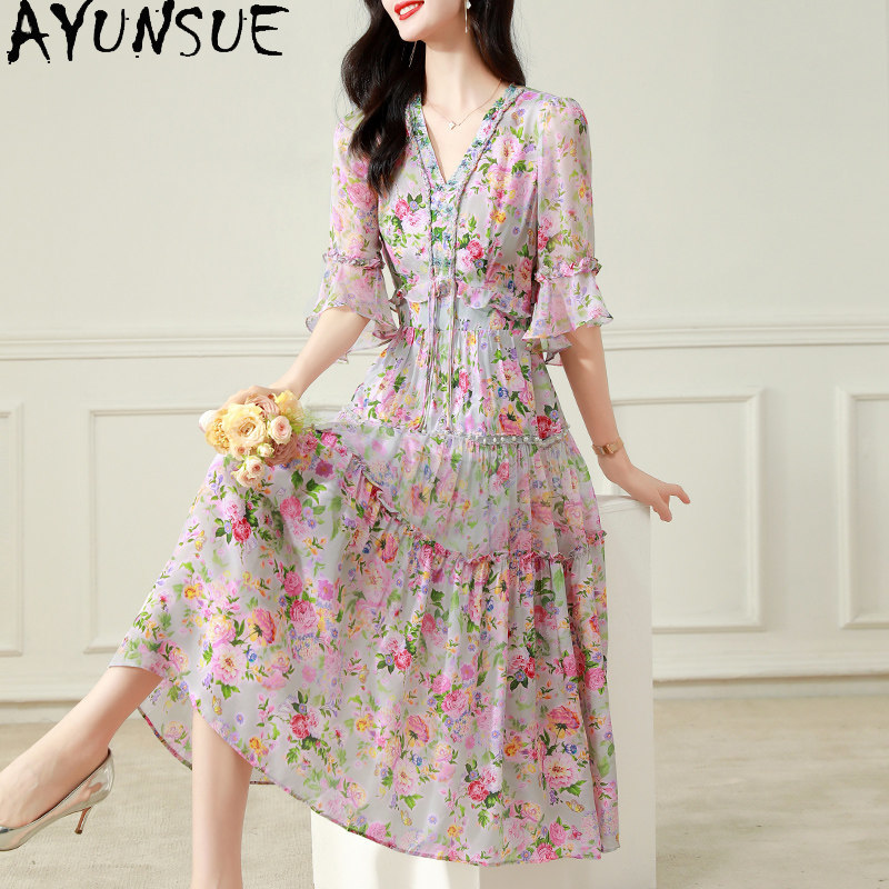 AYUNSUE Elegante Kleider aus 100 % natürlicher Maulbeerseide für Damen, Blumen-Partykleid, Sommerkleidung, langes Kleid 2026, Платье Женское