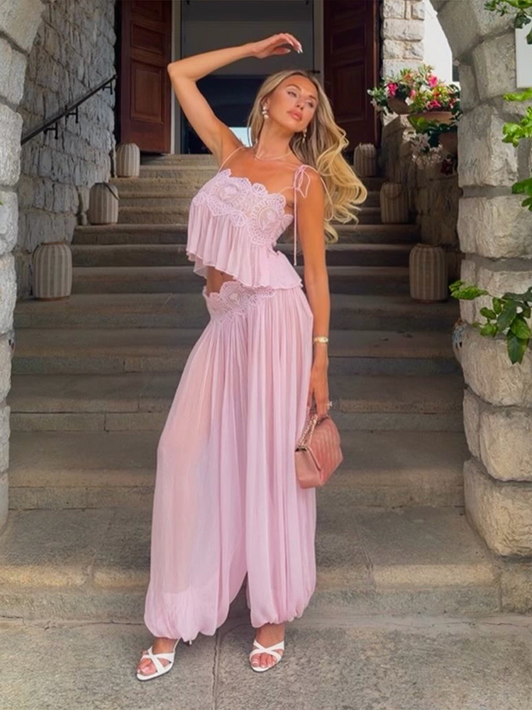Durchsichtiges Spitzen-Weste-Hosen-Set für Damen – Strand-Sling-Tops und plissierte gerade Hosen – Sommerurlaub 2026 – Ausgehöhlte Damenanzüge – Neu