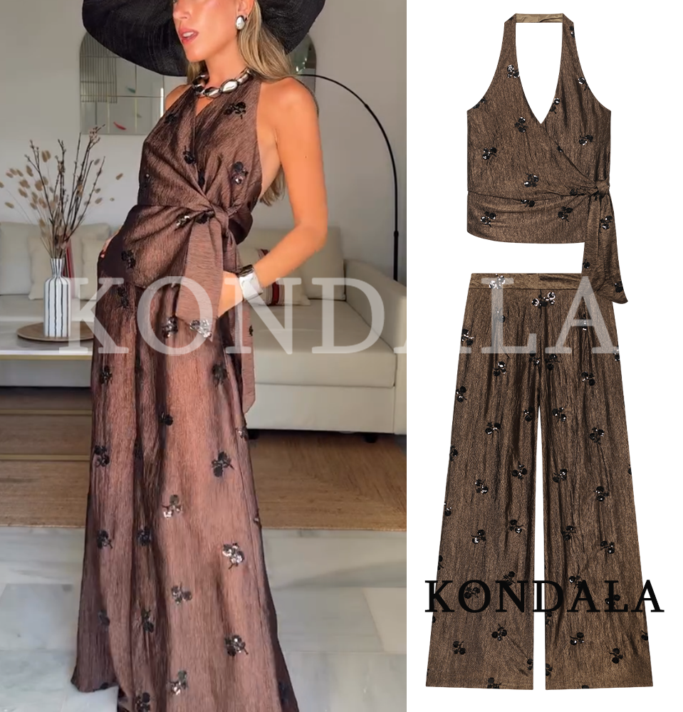 Set Celana Bordir Manik-manik Elegan Wanita KONDALA 2026 Rompi Halter Trendi Musim Panas, Celana Kaki Lebar Set Celana Liburan High Street Wanita