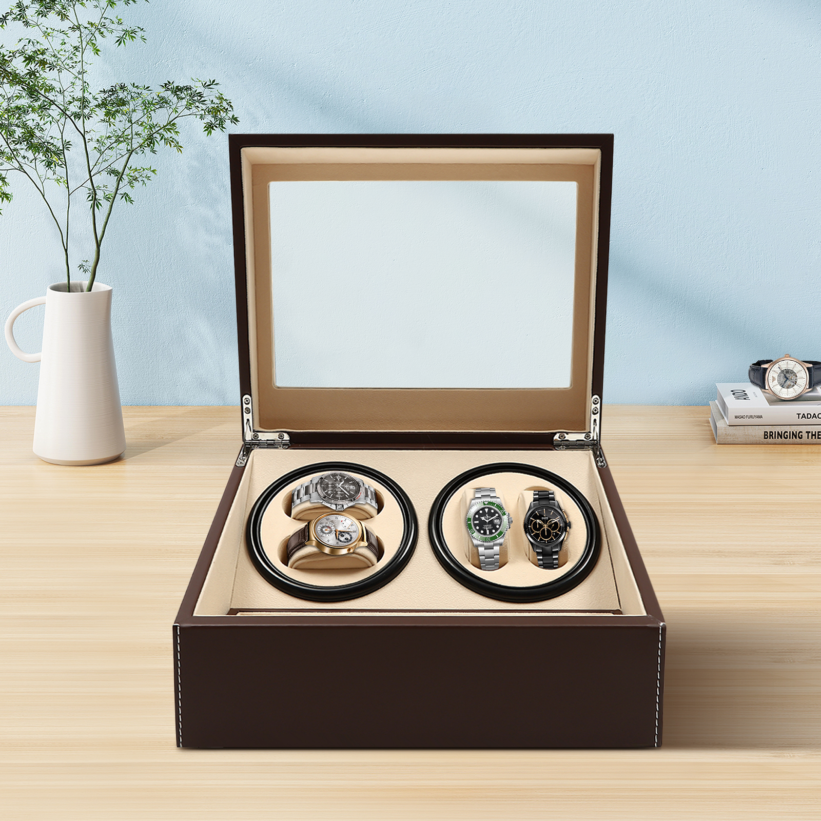 Vitrina de almacenamiento 4 + 6 bobinadora de reloj de madera de cuero con rotación automática con almohada caja de lujo negro/marrón
