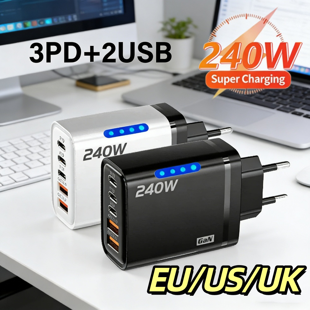 5-in-1 GaN Desktop USB-Ladegerät 240W PD Schnellladegerät für iPhone 16 15 Pro Samsung Xiaomi Typ C EU US UK Stecker Netzteil