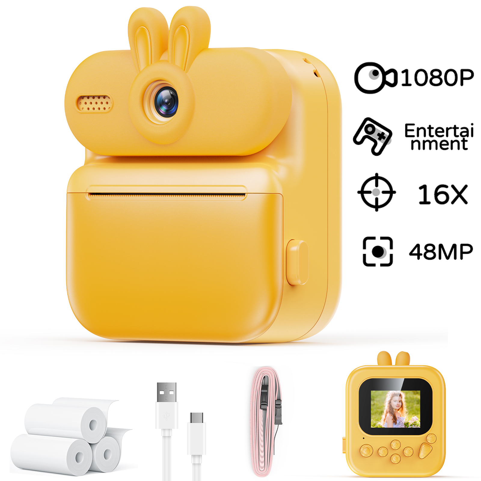 Kinderkamera, Sofortdruck, 16 x Katzen-Design, 1080 HD-Digitalkamera, Kaninchen-Spielzeugform, Weihnachts- und Geburtstagsgeschenk für Kinder im Alter von 3–12 Jahren