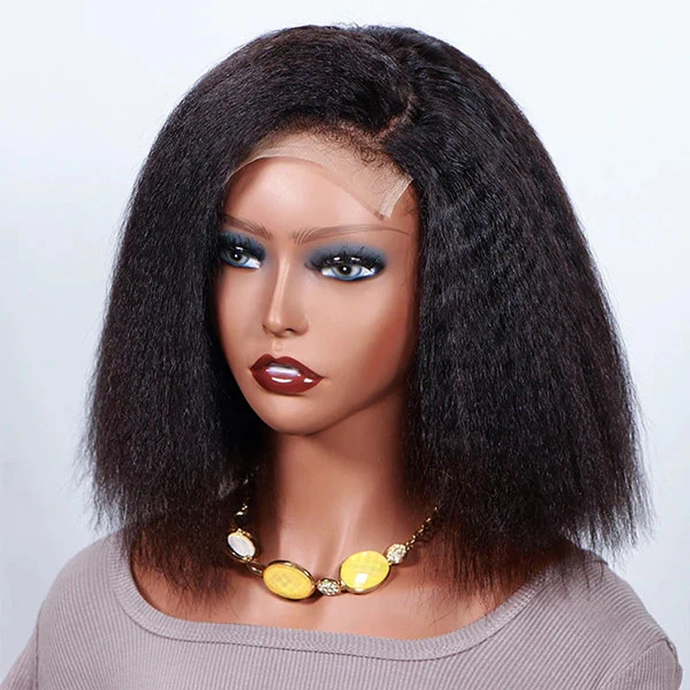 Brazilian Kinky Straight 250% Density 13x4 HD Lace Frontal Short Bob Human Hair Wig Glueless Lace Front Wig Women Coarse Yaki