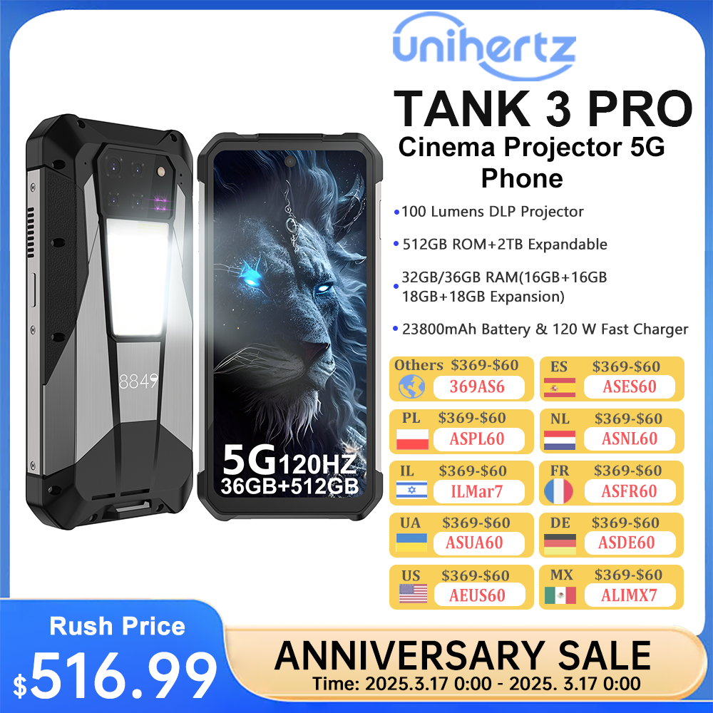 Unihertz 8849 tank 3 pro 5g projetor telefone 32gb 36gb ram 512gb rom telefone celular 23800mah 120w carregador rápido 200mp câmera duplo sim