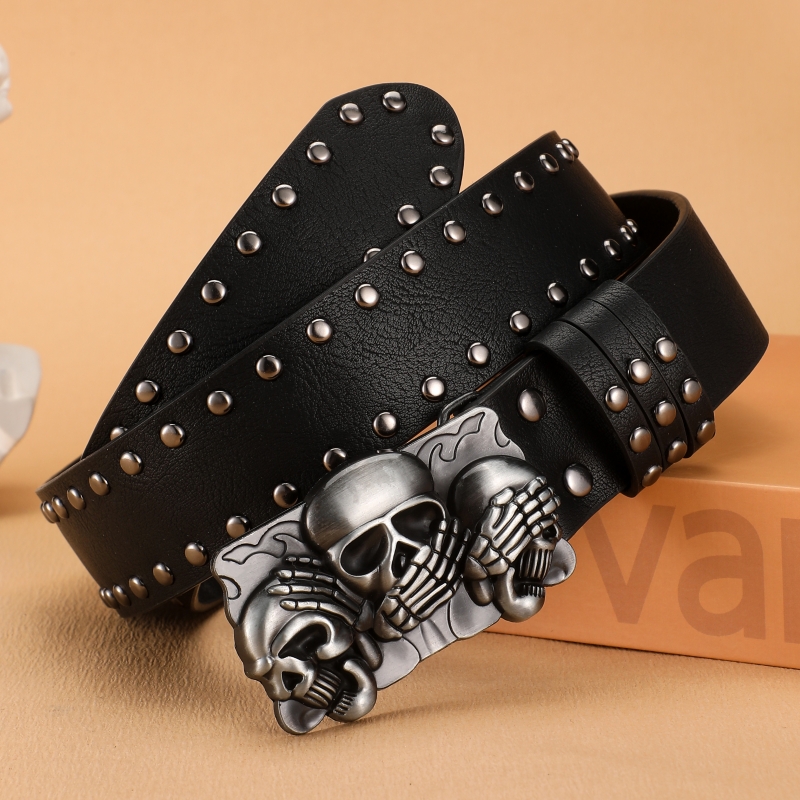 Sabuk Wanita Baru Berkualitas Tinggi Merek Mewah Punk Goth Rivet Hitam Jeans Unisex Sabuk Pria Gesper Tengkorak Sabuk Pinggang Unisex