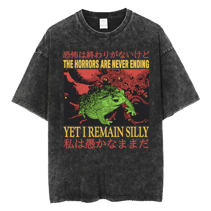 Camiseta The Horrors Never Ending Yet I Remain Silly, divertida camiseta lavada Retro de rana de estilo japonés, camisetas de gran tamaño para hombres