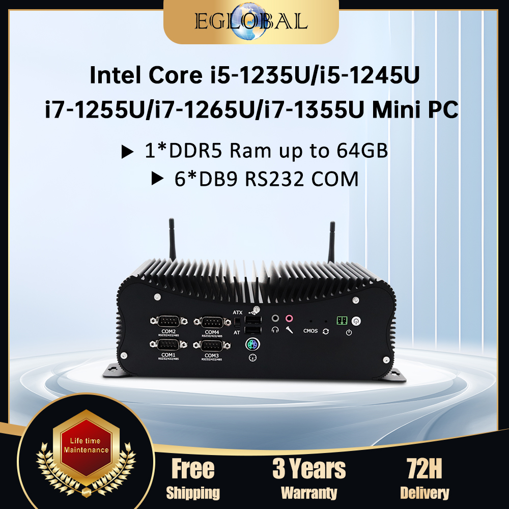 Eglobal 12. fanless industria mini pc core i5-1235U i7-1255U 1265u robuster industrieller pc 2x intel i225 2,5g lan hdmi vga 4g lte