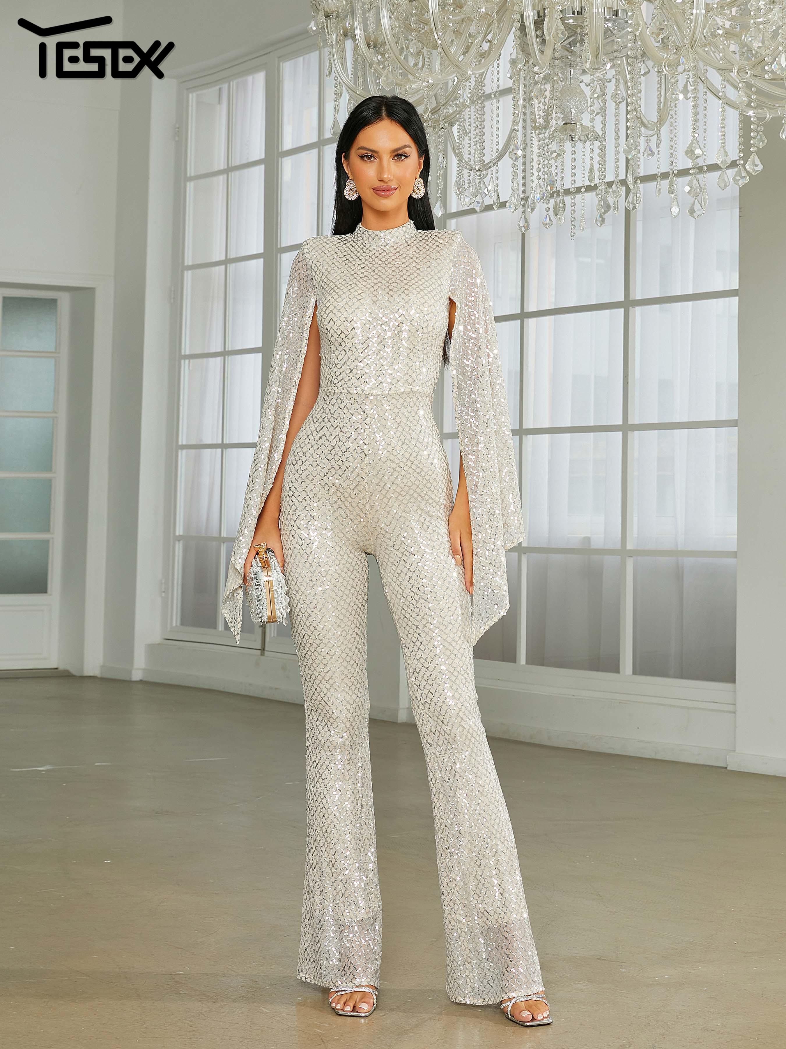 Yesexy New Stand Collar Cape Sleeve Sequin Apricot Formal Occasion  Jumpsuits