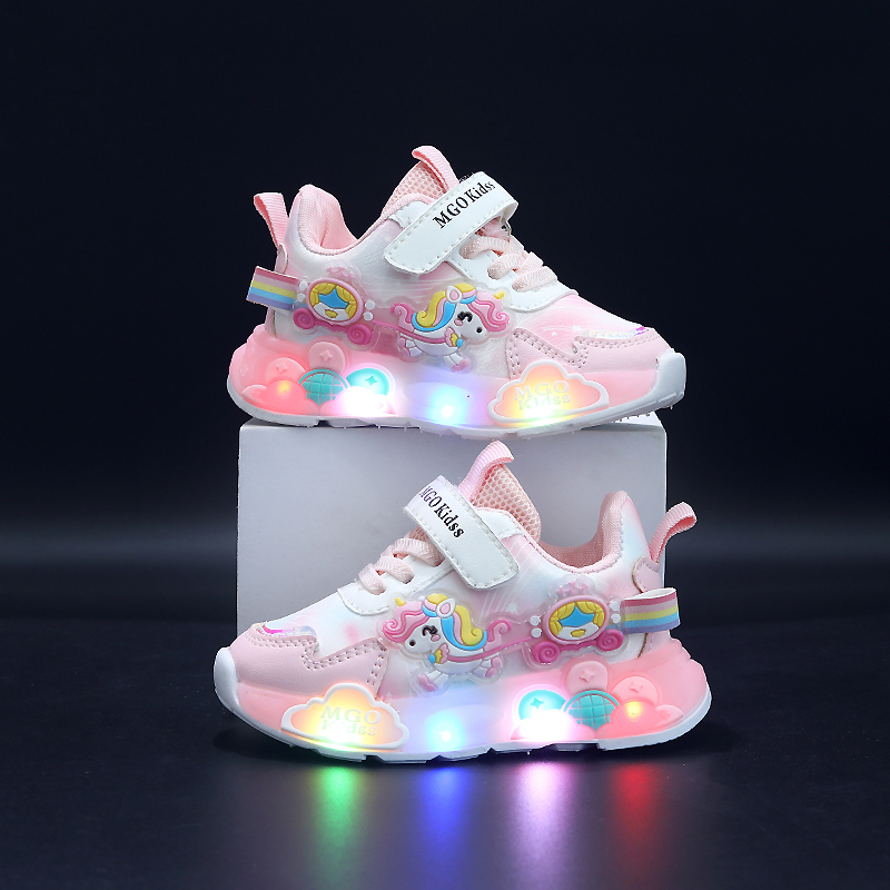 Mgo Kidss Novos Sapatos Infantis de Primavera e Outono para Meninas, Sapatos com Luzes, Sapatos com Efeitos de Flash, Sapatos Rainbow Pony, Sapatos Esportivos Infantis, Sapatos de Sola Macia para Meninas, Sapatos de Corrida, Sapatos Rosa, Sapatos Infantis