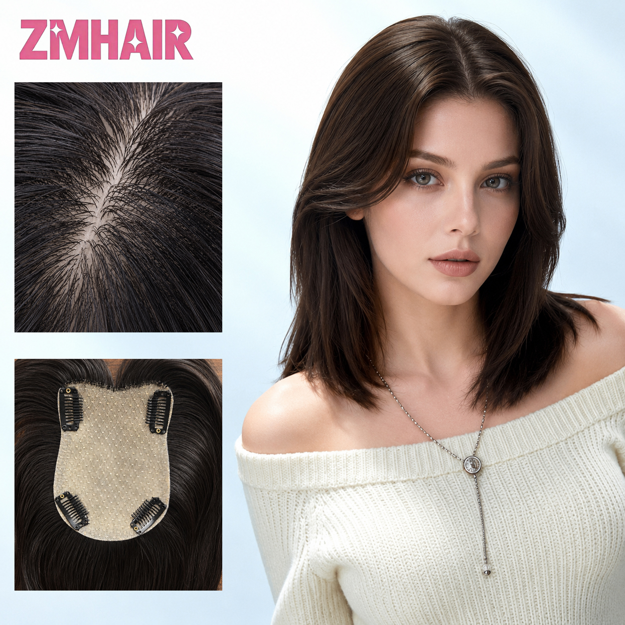 Extensiones de Cabello Liso con Base de Seda para Mujer, Topper de Cabello Humano Remy de Aspecto Natural con Clips, Sistemas de Peluquines Transpirables