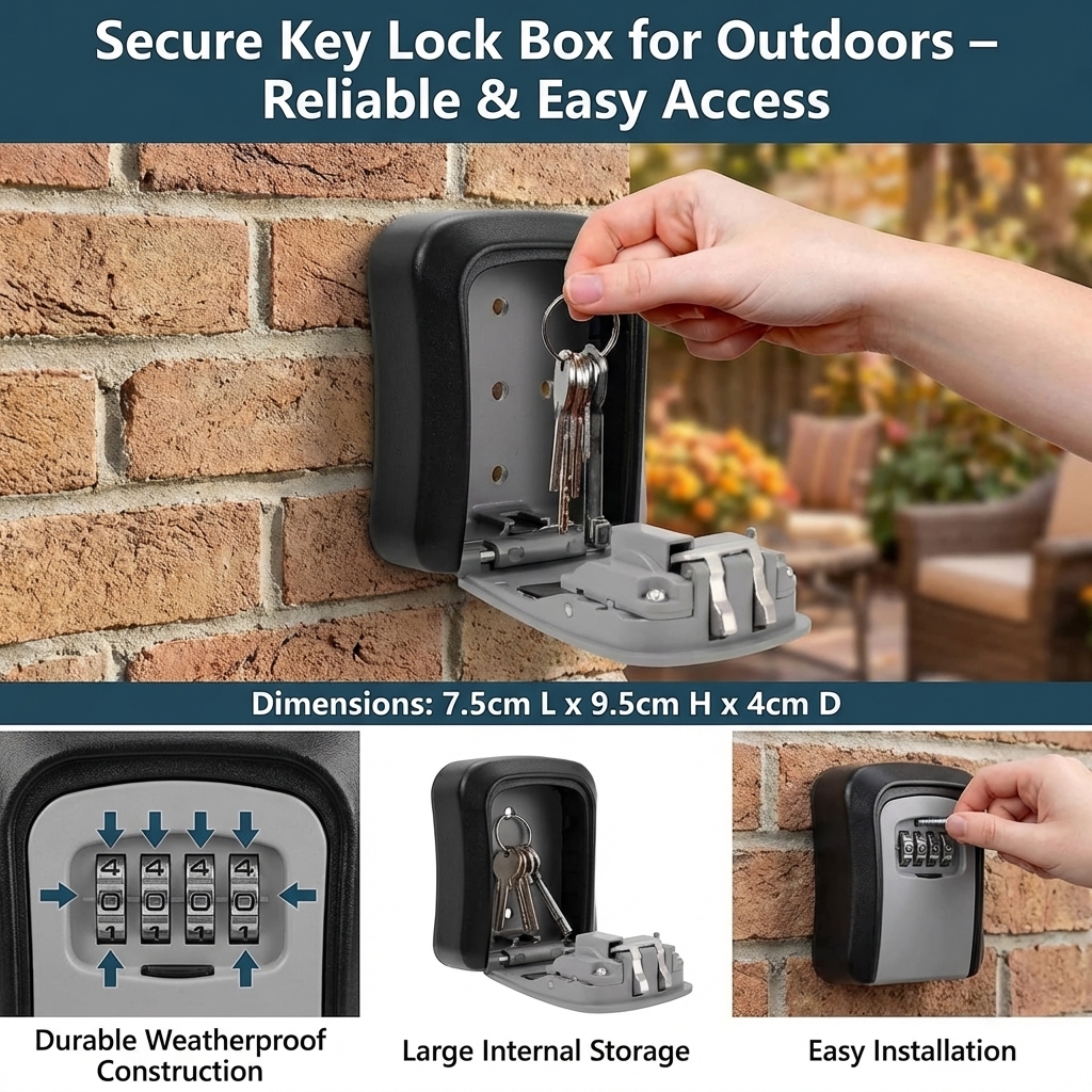 Wall Mount Key Lock Box 4 Digit Password Code Security Lock No Key for Home Office Key Safe Secret Storage Box Organizer