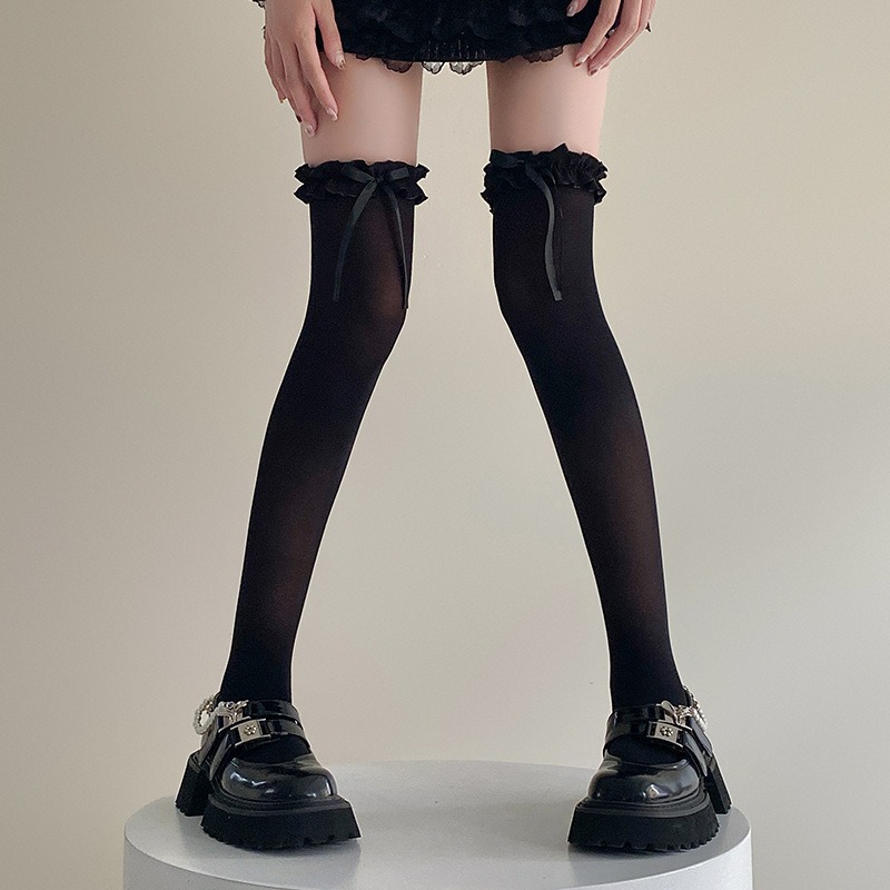 1 Paar weiße Damen-Schleife über dem Knie, Damen-Frühling und Sommer, dünne Spitze, süßer Riemen, lange Röhren-Spitze, milchweiß, Ballett-Stil