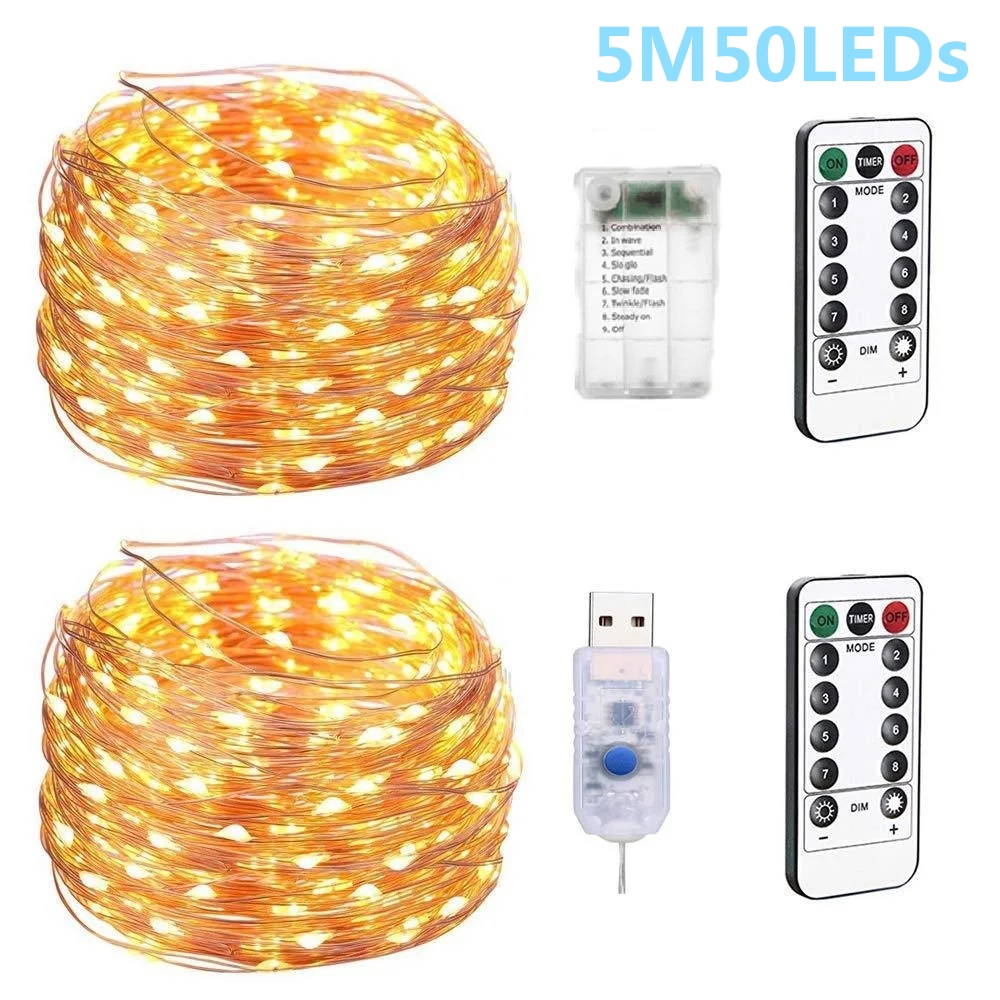 5m 50leds luzes corda de controle remoto luz de fadas usb bateria operado led string lâmpada temporizador fio cobre decoração natal