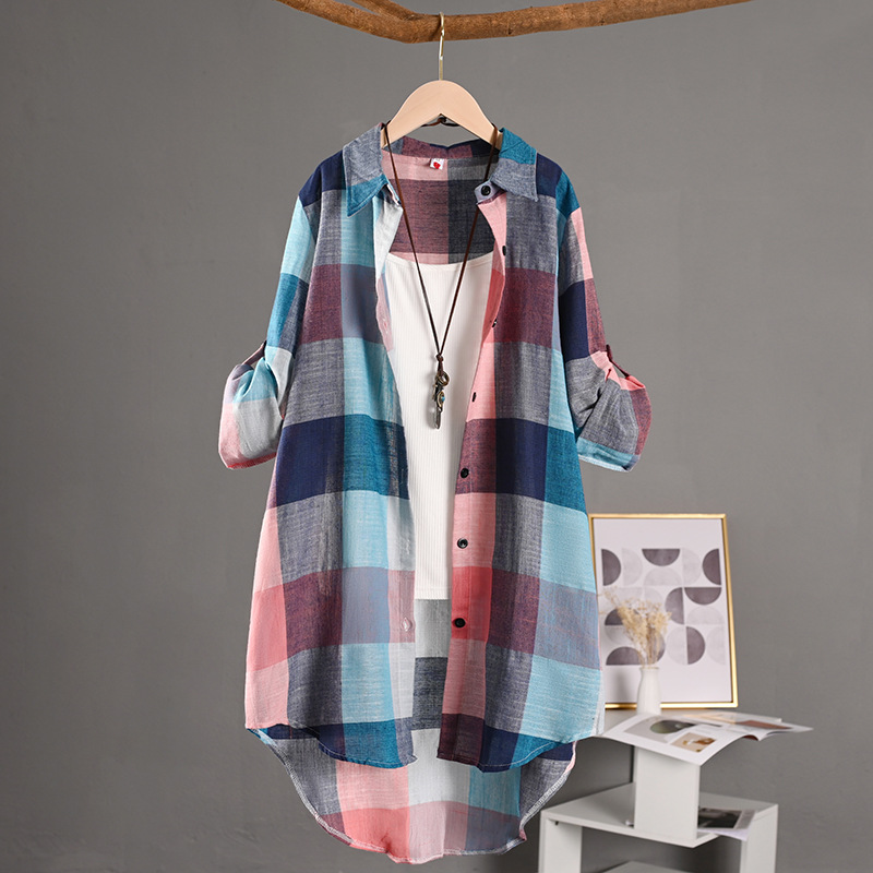 Chemise à carreaux à manches longues pour femmes, chemisiers décontractés, chemisier chic, lin, coton, vêtements à carreaux, Y