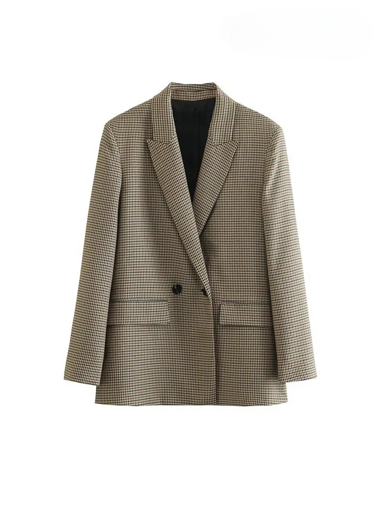 ASDS ผู้หญิงแฟชั่น Double Breasted Plaid Blazer Coat Vintage แขนยาวกระเป๋าหญิง Outerwear Chic Vestes Femme