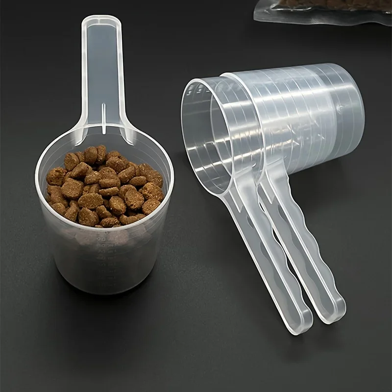 Cuchara medidora transparente para mascotas con escala, pala de alimentación de plástico para perros y gatos, suministros de vajilla para mascotas, 50g, 100ml, 1 ud.