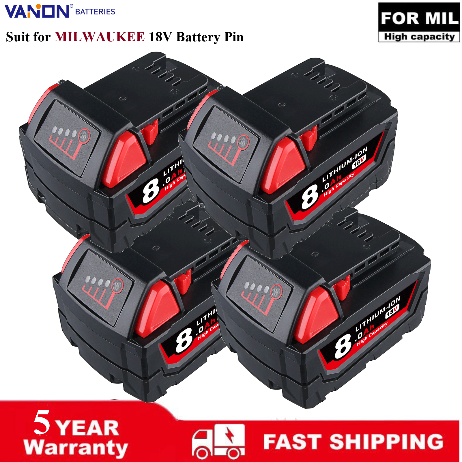 VANON 1/2/4Pack 8.0AH reemplazar para Milwaukee M18 18V herramientas recargables 48-11-1815 2604-20 48-11-1850 pin de batería