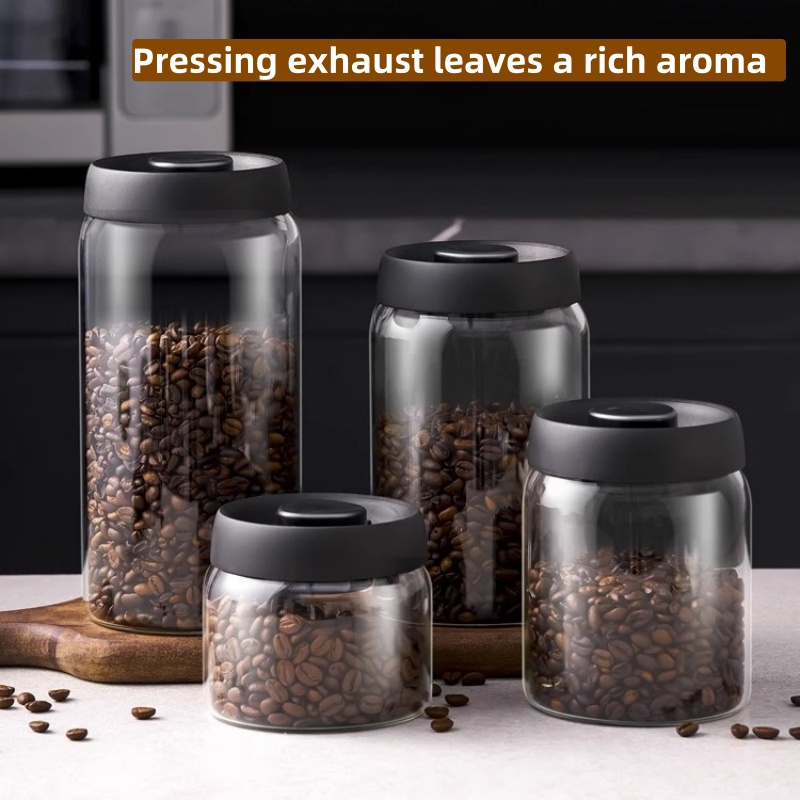 Multifunctionele zwarte deksel koffiepot, handmatige vacuüm vochtbestendige opbergpot, glazen theepot, koffiebonenopslag, verzegelde pot