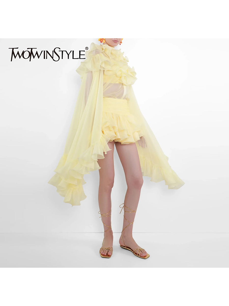 TWOTWINSTYLE Solid Ruffle Trim Tweedelige Sets voor Dames, Hoge Hals Flare Lange Mouw Top, Hoge Taille Minirok, Slank Set Vrouwelijk