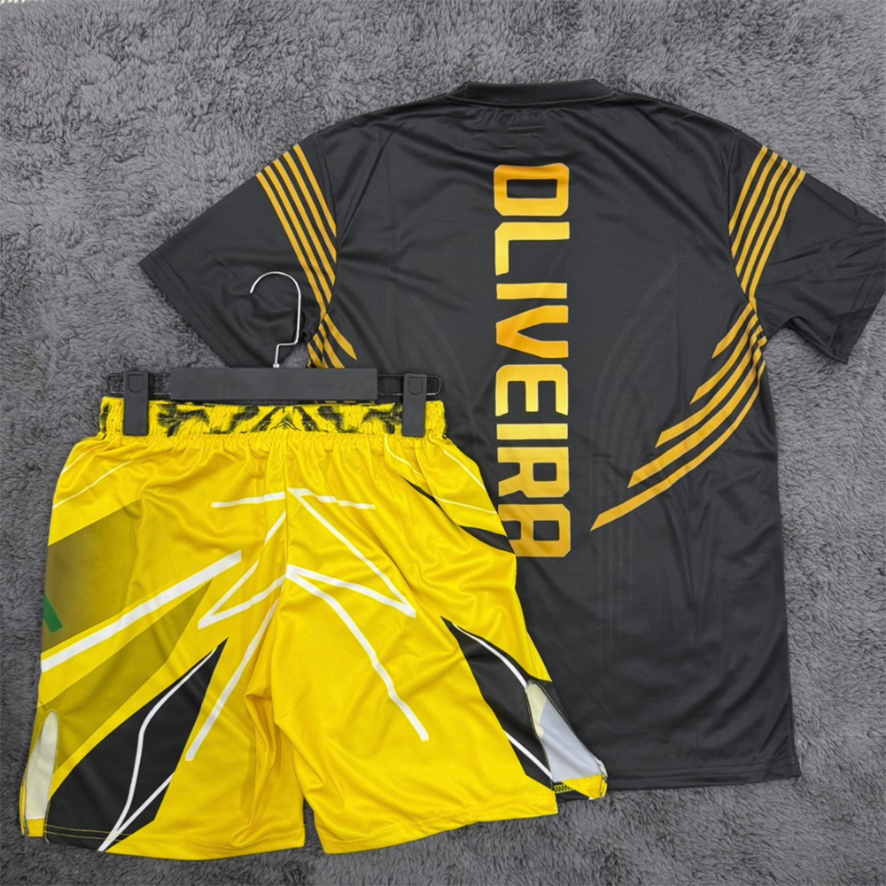 Letni Zestaw Charles Oliveira MMA Yellow Edition: Koszulka i Spodenki Bokserskie, Szybkoschnący Strój do Walki, Zapaśnictwa, Biegania, Odprowadzający Pot