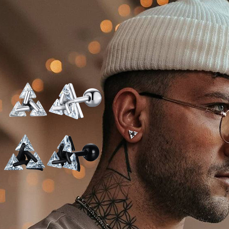 Boucles d'oreilles à clous pour hommes, boucles d'oreilles Triangle percées en cristal et Zircon, petits clous minimalistes en acier inoxydable pour hommes et femmes, bijoux