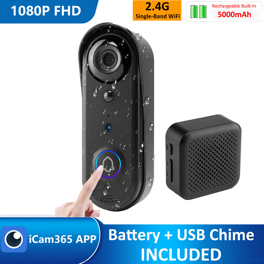 Timbre de puerta inteligente con video IP65, almacenamiento en la nube gratuito, 1080P, 2,4 GHz, inalámbrico, batería de 5000 mAh, seguridad para puertas exteriores con timbre USB