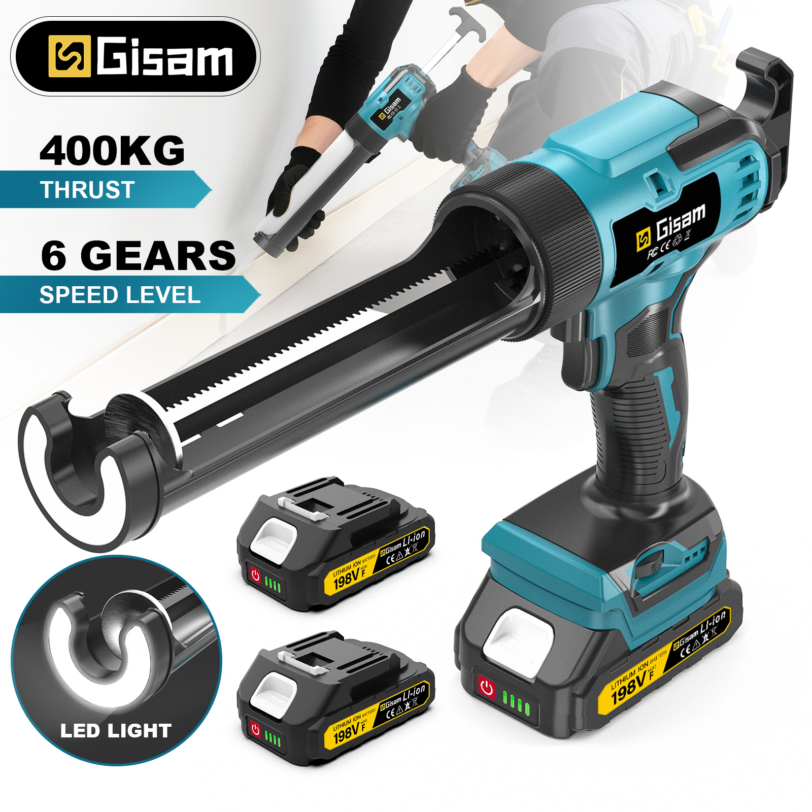 Pistola de Calafetagem Elétrica Gisam 400KG 6 Velocidades Sem Fio para Cola de Vidro e Selante, Ferramenta Elétrica para Bateria Makita 18V