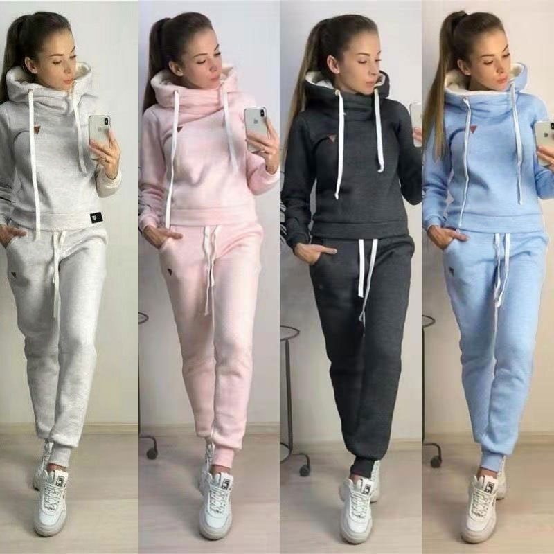 固体女性トラックスーツカジュアルパーカースウェットシャツパンツセットラウンジウェアスポーツスーツ 2 個秋冬服