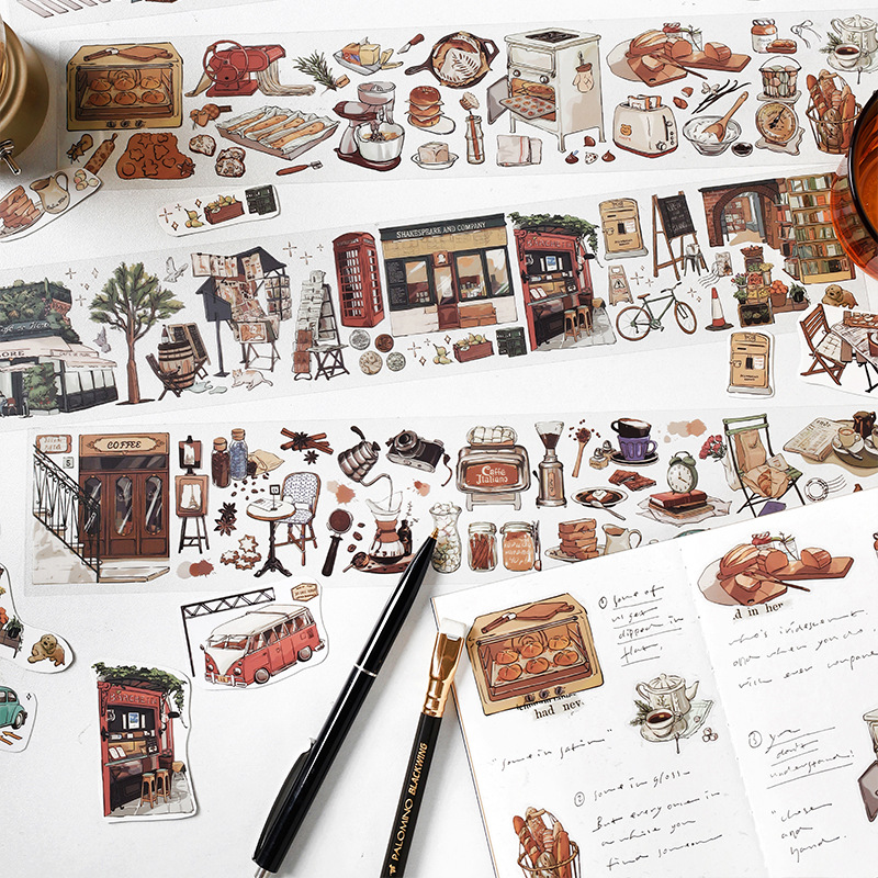 Travel Journey หน่วยความจํา Washi Masking เทปร้านกาแฟ City Street View สติกเกอร์ตกแต่ง DIY ป้ายสําหรับ Scrapbooking ไดอารี่อัลบั้ม