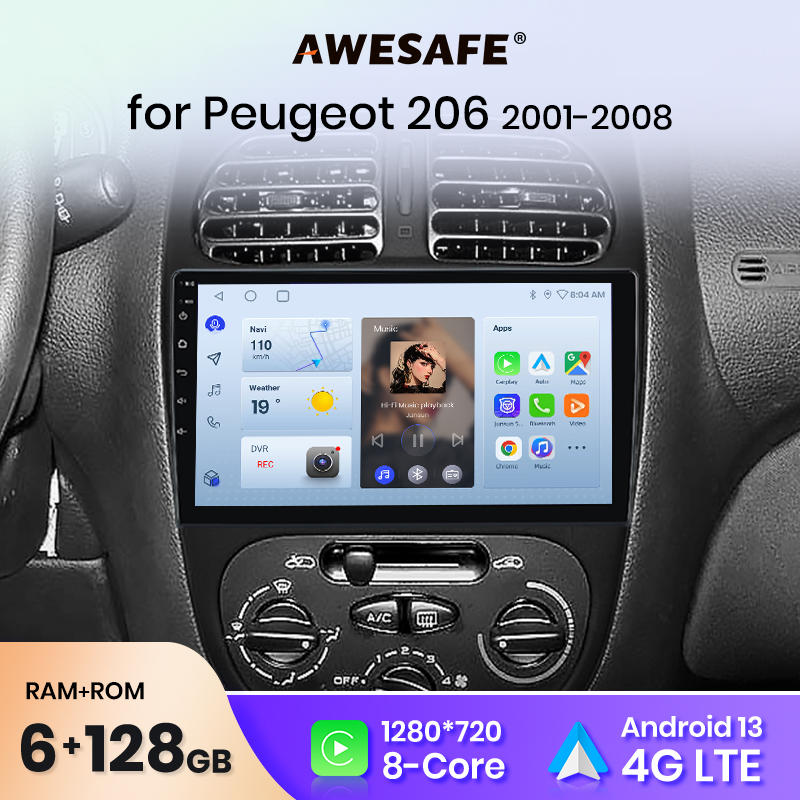 AWESAFE-Radio de coche PX9 Plus para Peugeot 206, 206CC, 206SW, 2001-2008, CarPlay inalámbrico, Android Auto, No 2 din, DVD