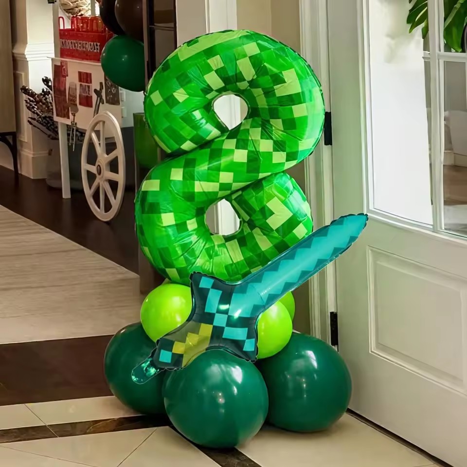 40 inch groen nummer Pixel Miner Ballon Set Diamond Sword Aluminium Film Ballon Jungle Game Event Verjaardagsfeestje Decoratie