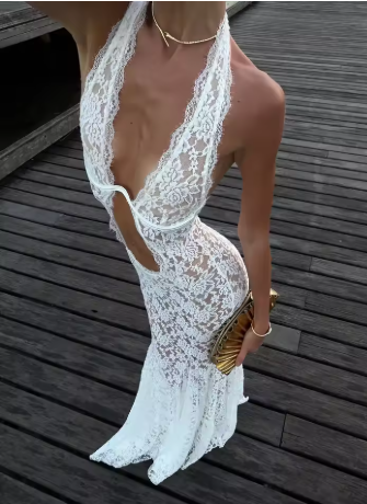 Witte kant halterjurk met uitsparingen, chique sexy mouwloze off-shoulder rugloze maxi jurk voor dames, vakantie strandjurk 2026