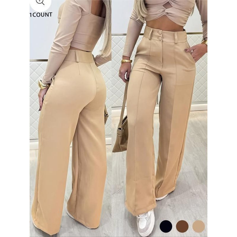 Celana Wanita Model Baru 2026, Celana Lurus Berpinggang Tinggi dengan Kancing Ganda, Celana Panjang Lurus Berbahan Drapey yang Meniruskan dan Mengencangkan Pinggang, Celana Kerja Kasual Warna Solid.