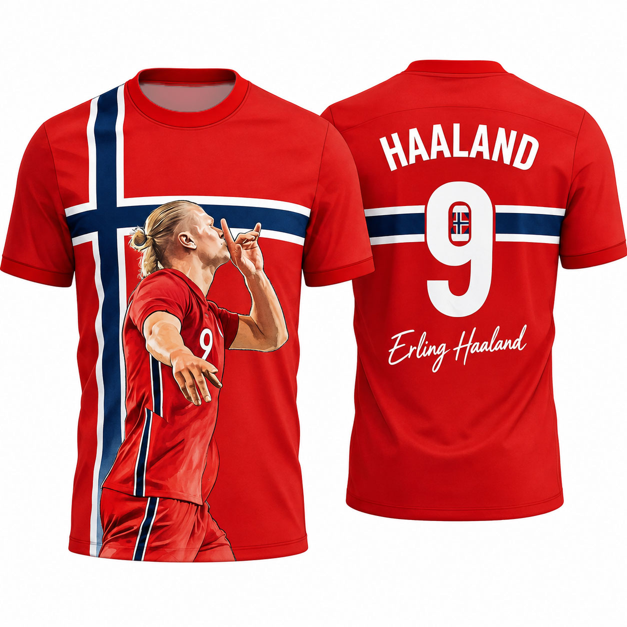 Haaland # 9 Noorse voetbaltrui met handgetekend portret en Noorse vlagprint, ademend T-shirt met korte mouwen voor mannen en vrouwen