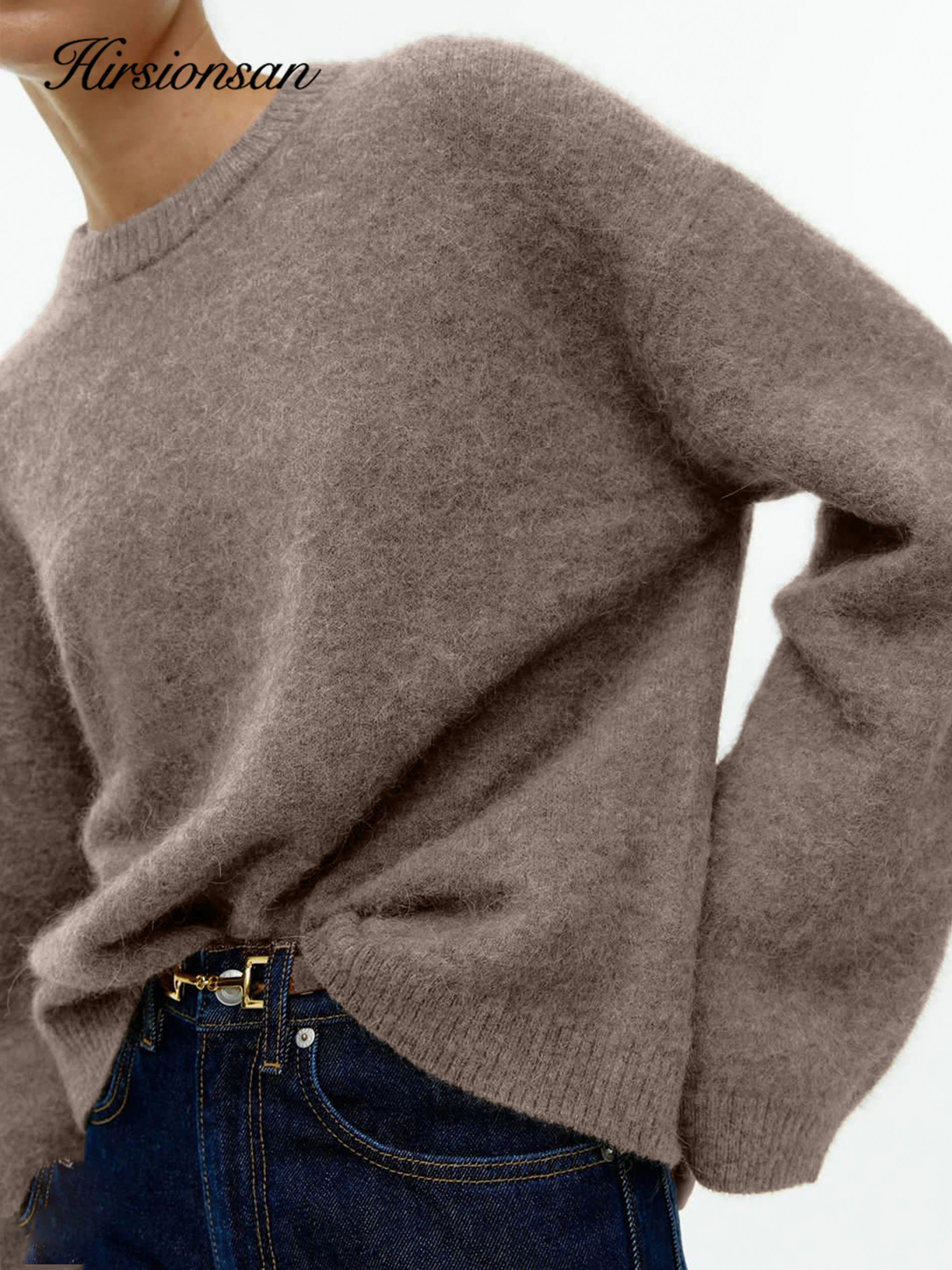 Hirsionsan básico o pescoço lanterna manga camisola feminina 2024 oversized rosa azul pulôveres de malha feminino casual grosso quente topos