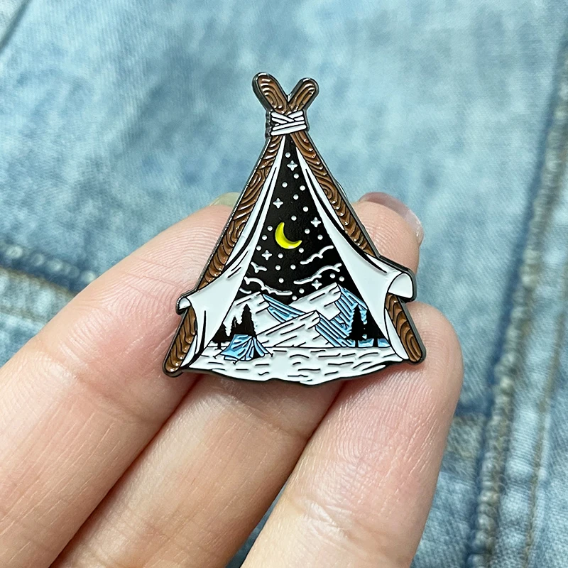 Explore Nature Adventure Enamel Pins Starry Sky Moon Stars Snow Mountain Forest Tent Pin Brooch