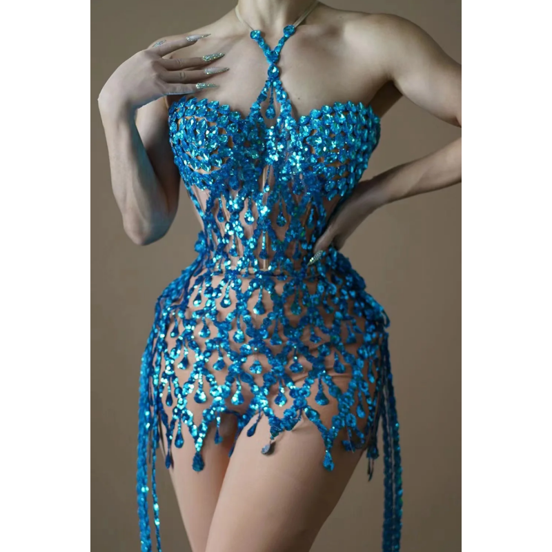Blaue Pailletten, glänzende Diamanten, lange Quaste, ärmelloses Minikleid, 2-teilig, hochwertiges Geburtstagsparty-Outfit, Aufführungskostüm