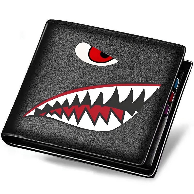Zwarte kunstleren herenportemonnee met haaienmondontwerp Slanke creditcardhouder Portemonnee Meerkleurige penopslag Perfect cadeau