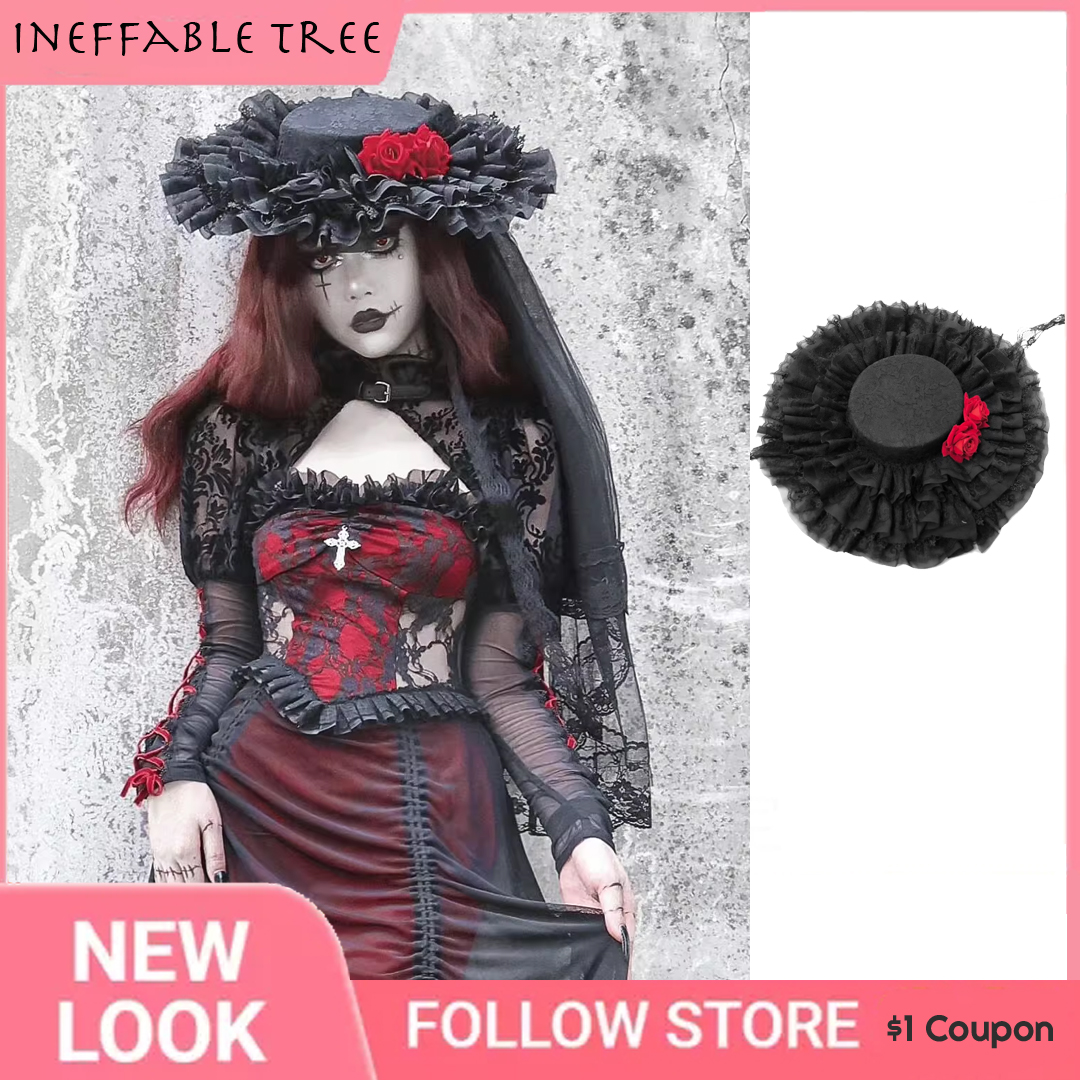 Sombreros de fieltro de encaje con flor de rosa roja y negra de vampiro gótico para mujer, gorros de alta calidad para fiesta de Halloween, Cosplay de Lolita