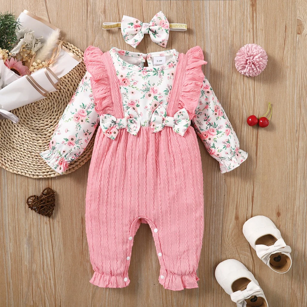 Pagliaccetto moda bambina carino motivo floreale manica lunga con fiocco tuta primavera e autunno per bambina 0-18 mesi