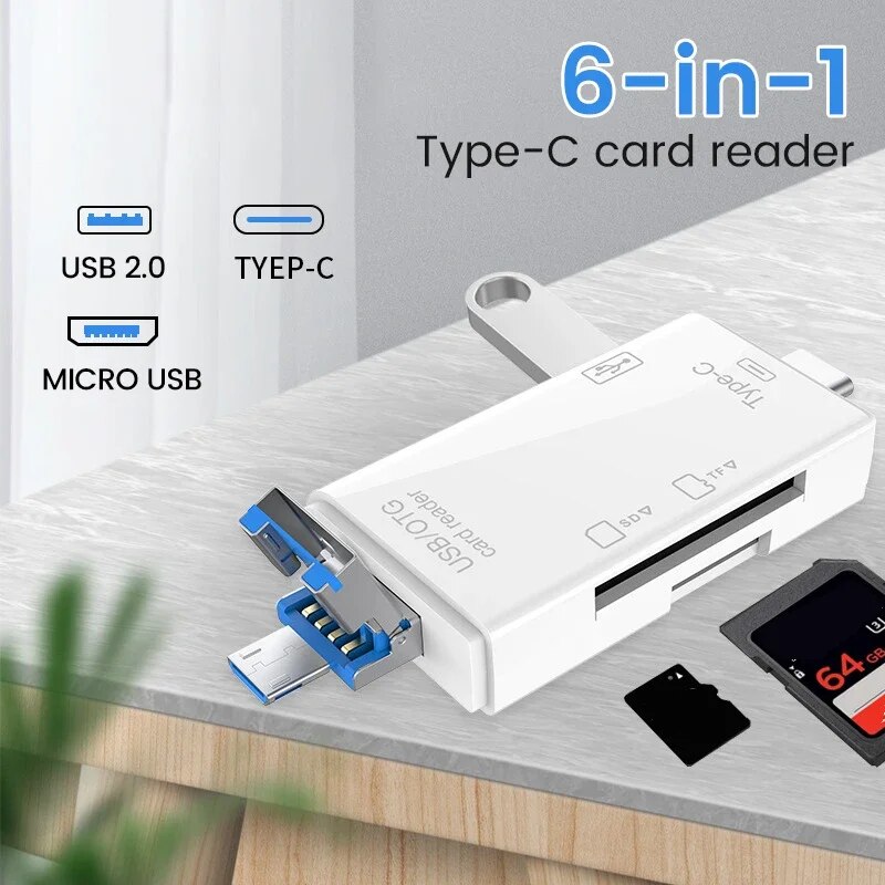 6 in 1 tipo C Micro USB lettore di schede di memoria SD portatile adattatore di trasmissione ad alta velocità per PC e Laptop