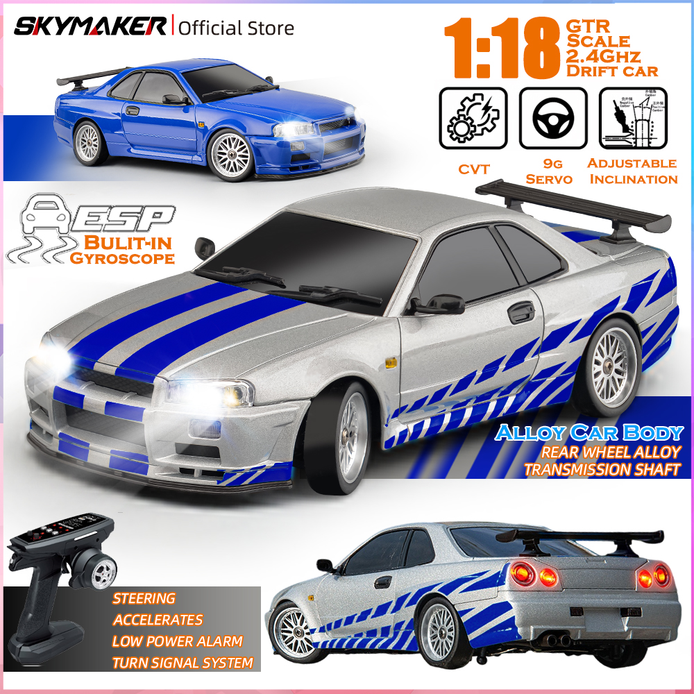 Skymaker LD1899 1/18 RC Drifting รถ GTR R34 2.4GHz RWD พร้อม Gyroscope ON-Road Alloy Body SHELL รีโมทคอนโทรลรถแข่งของขวัญ