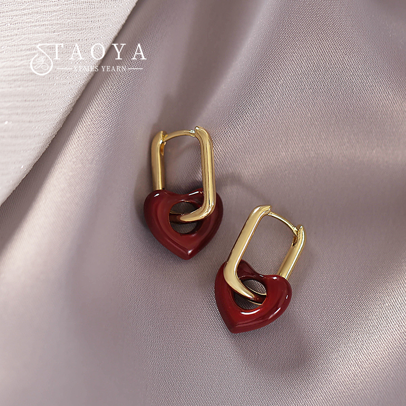 Boucles d'oreilles rétro français romantique en forme de cœur rouge pour femmes, bijoux à la mode pour fête de mariage, accessoires cadeaux de noël pour filles