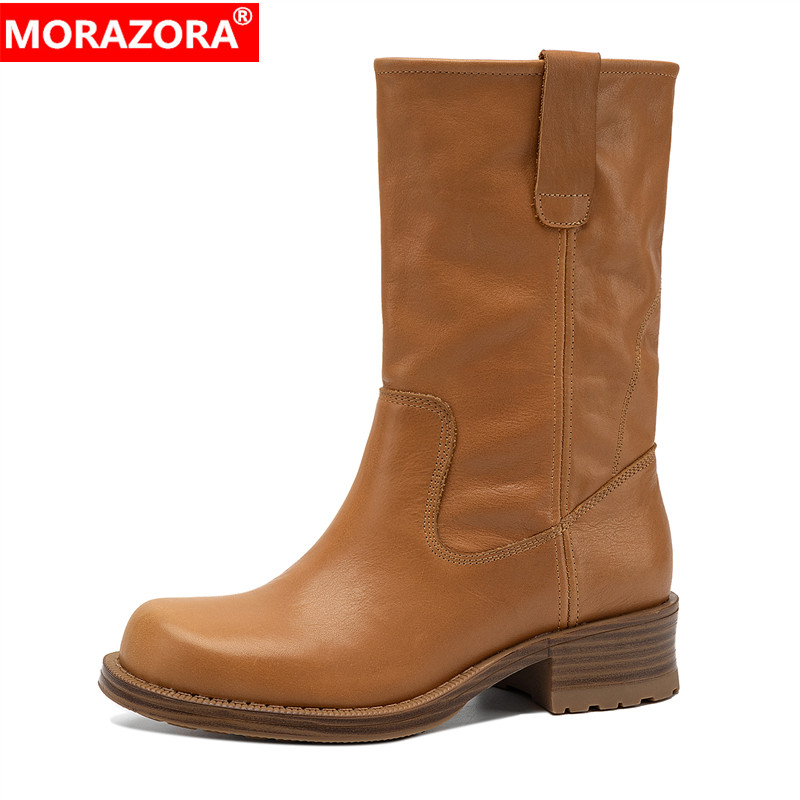 MORAZORA Plus Size 35-42 Neue Naturlederstiefel für Damen zum Überziehen, mittelhohe Ritterstiefel, Herbst-Winter-Halbstiefel