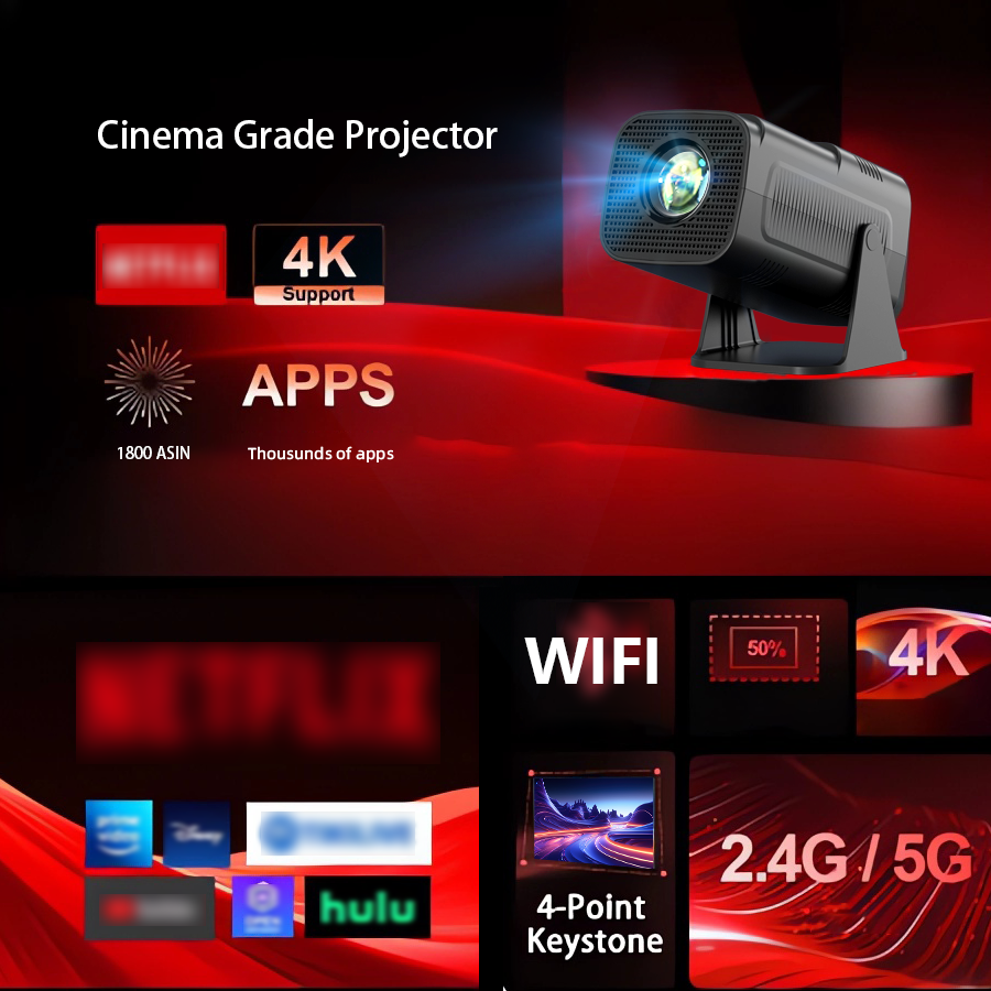 Projetor Portátil com Sistema Android Embutido, E110, 4K, Nativo, HD, 1080P, Dual Wifi6, Cinema, Adequado para Casa, Ao Ar Livre, Escritório